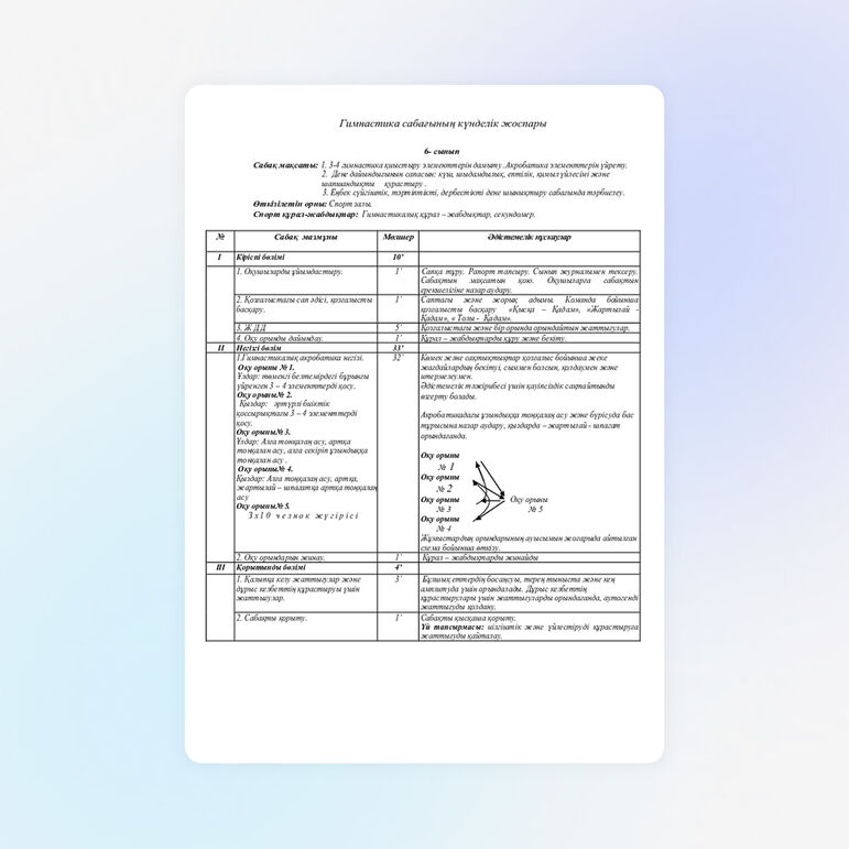 Гимнастика сабағының күнделік жоспары
