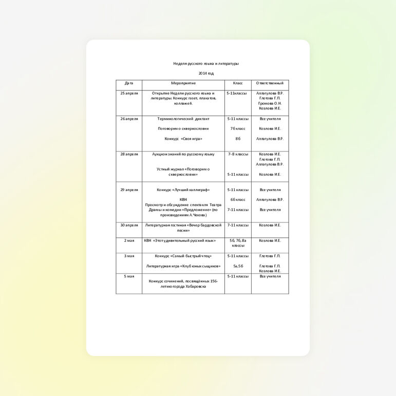 План проведения Недели русского языка и литературы