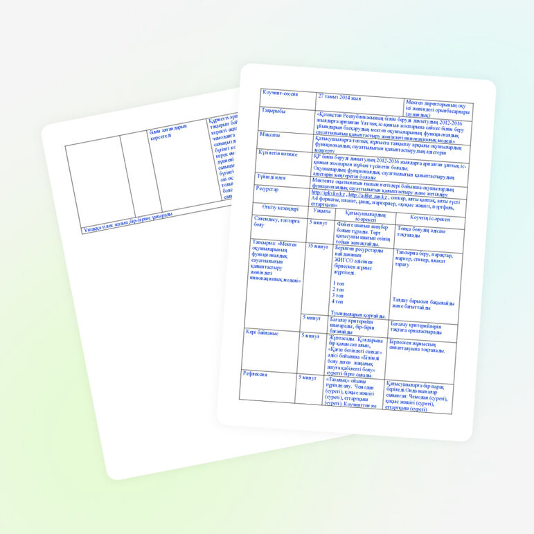 Коучинг-сессию "Қазақстан Республикасының білім беруді дамытудың 2012-2016 ж. арналған Ұлттық іс-қимыл жоспарына сәйкес білім беру ұйымдарын басқарудың мектеп оқушыларының функционалдық сауаттылығын қалыптастыру жөніндегі инновациялық моделі"