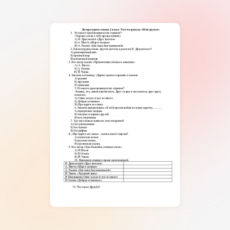 Тест по литературе по разделу Мои друзья.