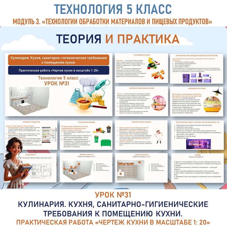 Кулинария. Кухня, санитарно-гигиенические требования к помещению кухни. Практическая работа «Чертеж кухни в масштабе 1: 20». Труд (технология) 5 класс. Урок №31.