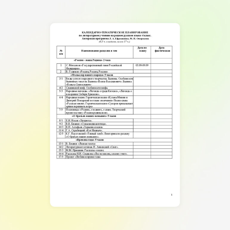 Календарно-тематическое планирование по "Чтению на родном языке(русский)" 4 класс