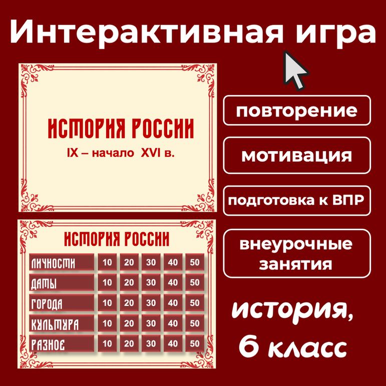 Интерактивная игра «История России IX – начало XVI в.», история 6 класс: повторение, обобщение, итоговый урок, подготовка к ВПР