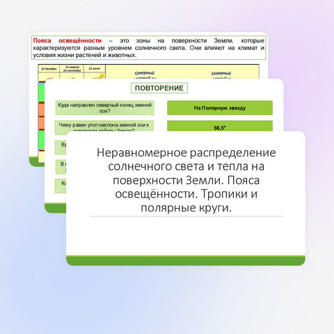 Неравномерное распределение солнечного света и тепла на поверхности Земли. Пояса освещённости. Тропики и полярные круги.