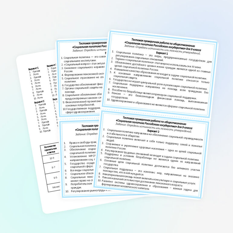 Проверочная работа по обществознанию «Социальная политика Российского государства» для 9 класса