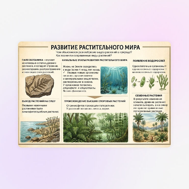 Буклет «Развитие растительного мира». Редактируемый шаблон. Биология. 7 класс.