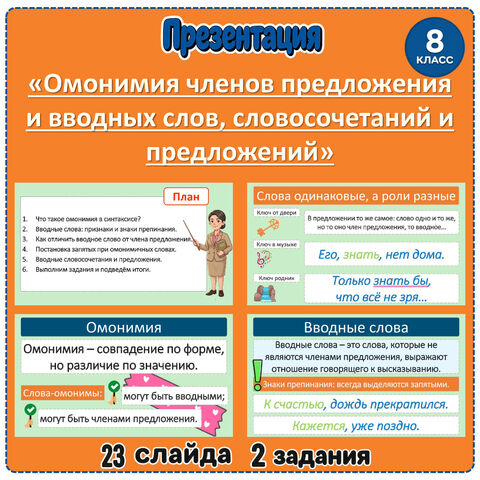 Презентация «Омонимия членов предложения и вводных слов, словосочетаний и предложений» (8 класс)