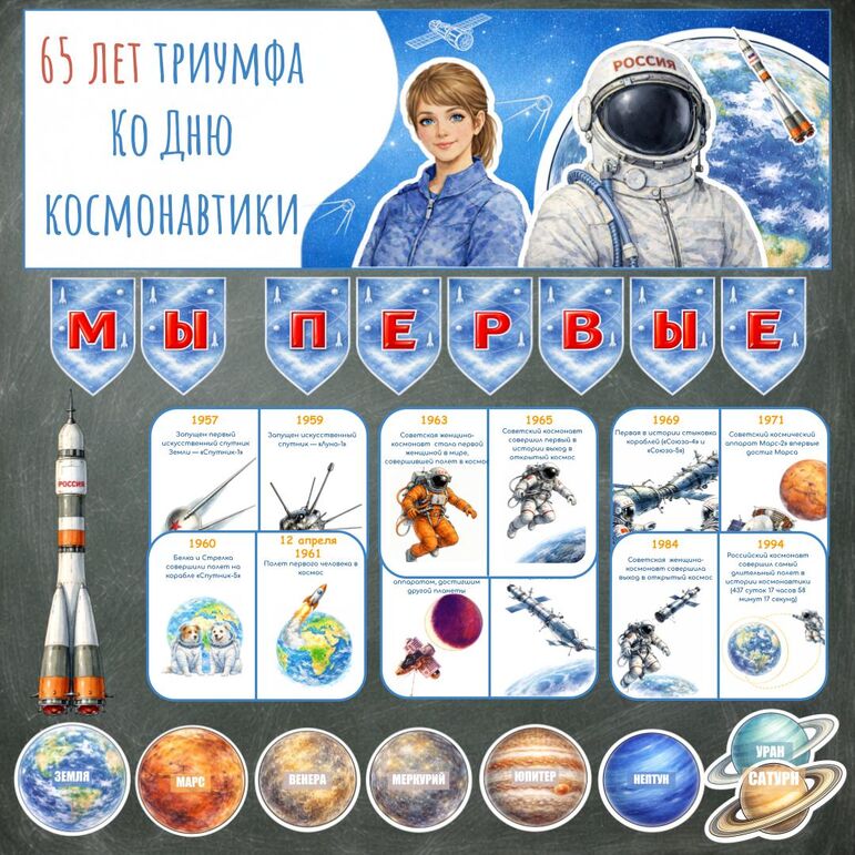 Оформление доски ко Дню космонавтики «65 лет триумфа», Разговоры о важном 06.04.2026