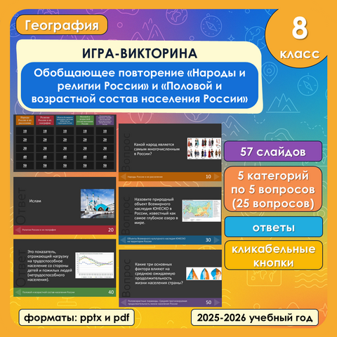 Обобщающее повторение по темам «Народы и религии России» и «Половой и возрастной состав населения России» по географии, 8 класс