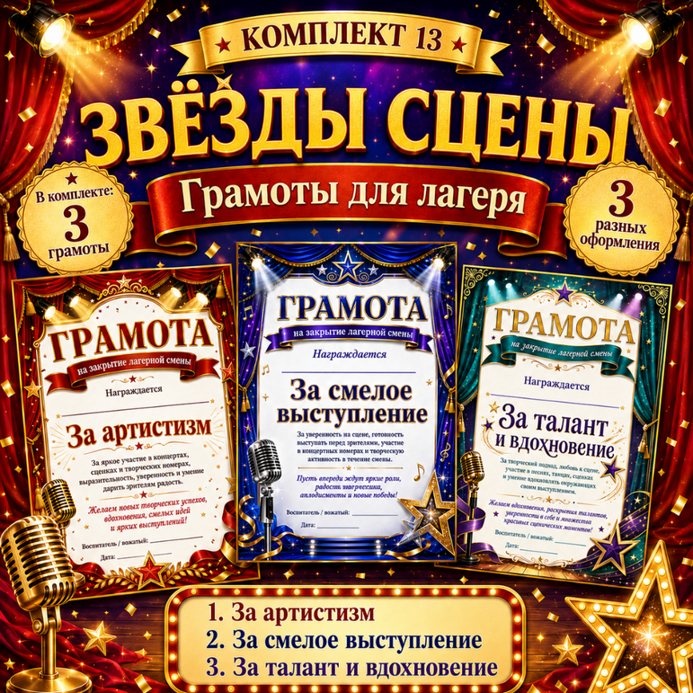 Комплект грамот на закрытие лагерной смены «Звёзды сцены»