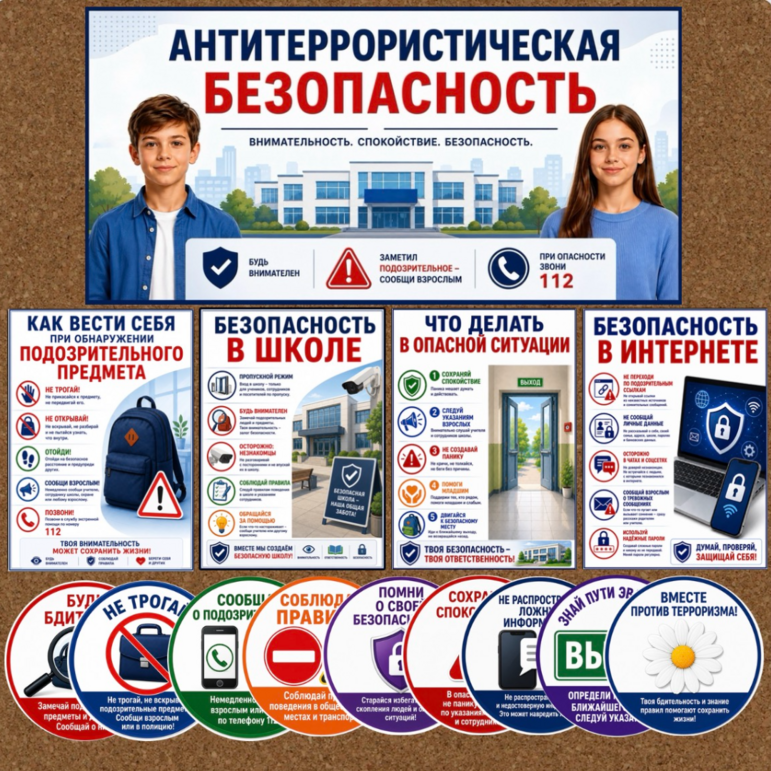 Уголок «Антитеррористическая безопасность». Комплект оформления школы, кабинета ОБЗР и информационного стенда