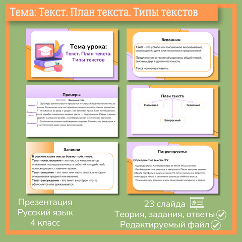 Презентация «Текст. План текста. Типы текстов» 4 класс