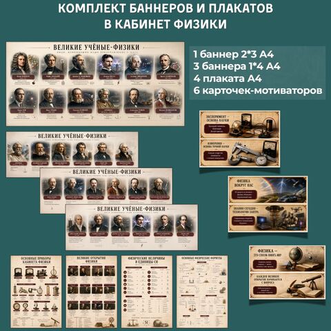 Комплект портретов ученых и плакатов в кабинет физики