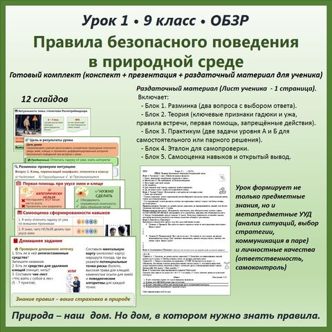 Готовый комплект по ОБЗР для 9 класса. Урок 1 «Правила безопасного поведения в природной среде» (конспект + презентация + раздаточный материал для ученика)