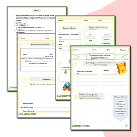 Рабочий лист «Три склонения имён существительных (общее представление). Первое склонение имён существительных» по русскому языку для 3-4 классов
