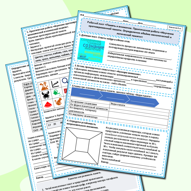 Рабочий лист «Память и внимание. Практическая работа «Изучение кратковременной памяти. Определение объёма механической и логической памяти»