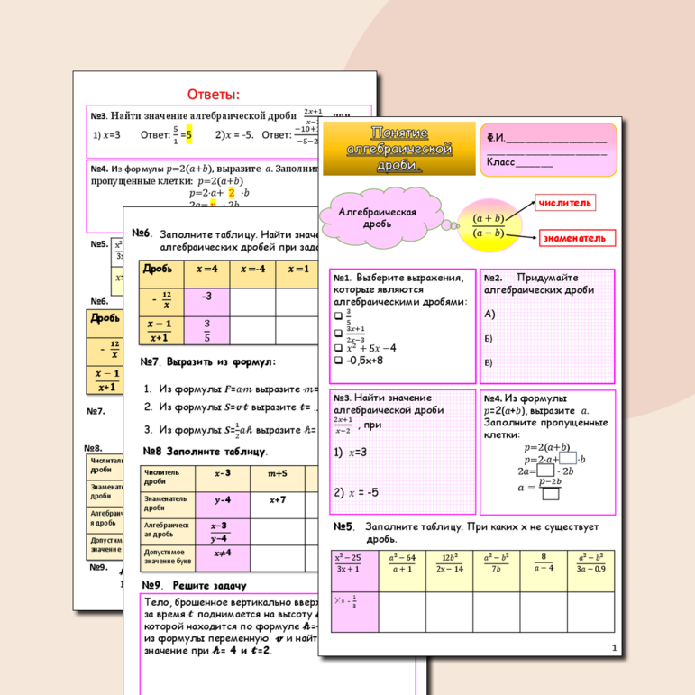 Алгебраическая дробь 7-8 класс. Алгебра. Рабочий лист.
