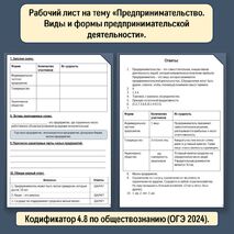 Рабочий лист на тему «Предпринимательство. Виды и формы предпринимательской деятельности».