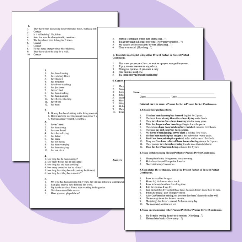 Рабочий лист Present perfect/Present Perfect Continuous. Настоящее совершенное и Настоящее совершенное продолженное время