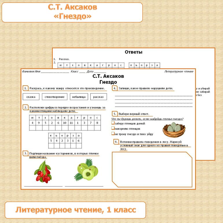 Рабочий лист по литературному чтению 1 класс. Рассказ С. Аксакова «Гнездо»