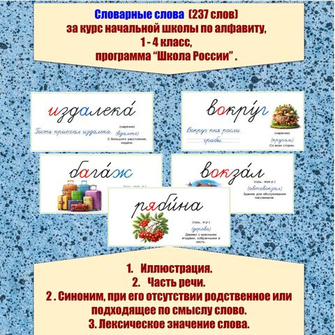 Набор всех словарных слов за курс начальной школы, 1- 4 класс, по алфавиту, программа 