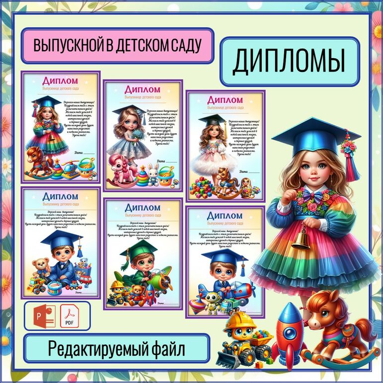 Диплом выпускника детского сада (редактируемый). Выпускной в детском саду.