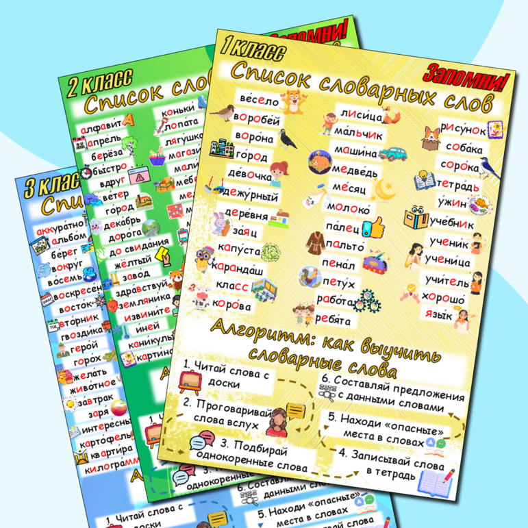 Словарные слова 1-4 класс (памятки учащимся + материал для доски)